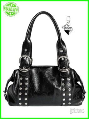Distressed Soft Leather Studded Shoulder Bag Punk Y2K Handbag